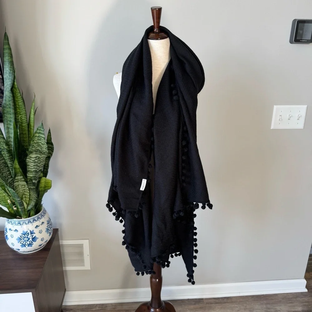 J. Crew Black Pom Pom Trim Scarf